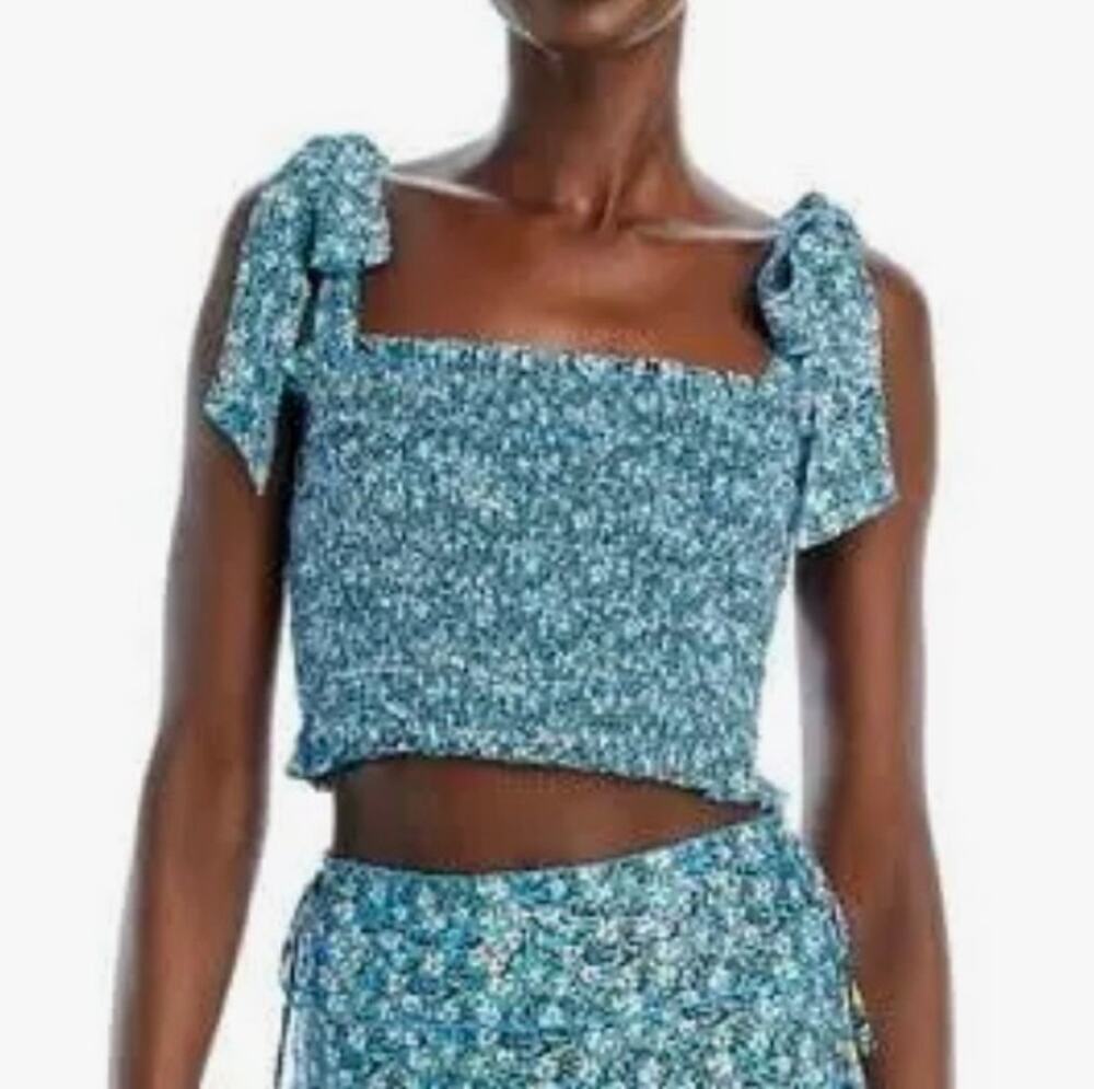 Poupette St Barth Blue Floral Cropped Smocked Top XS NWT